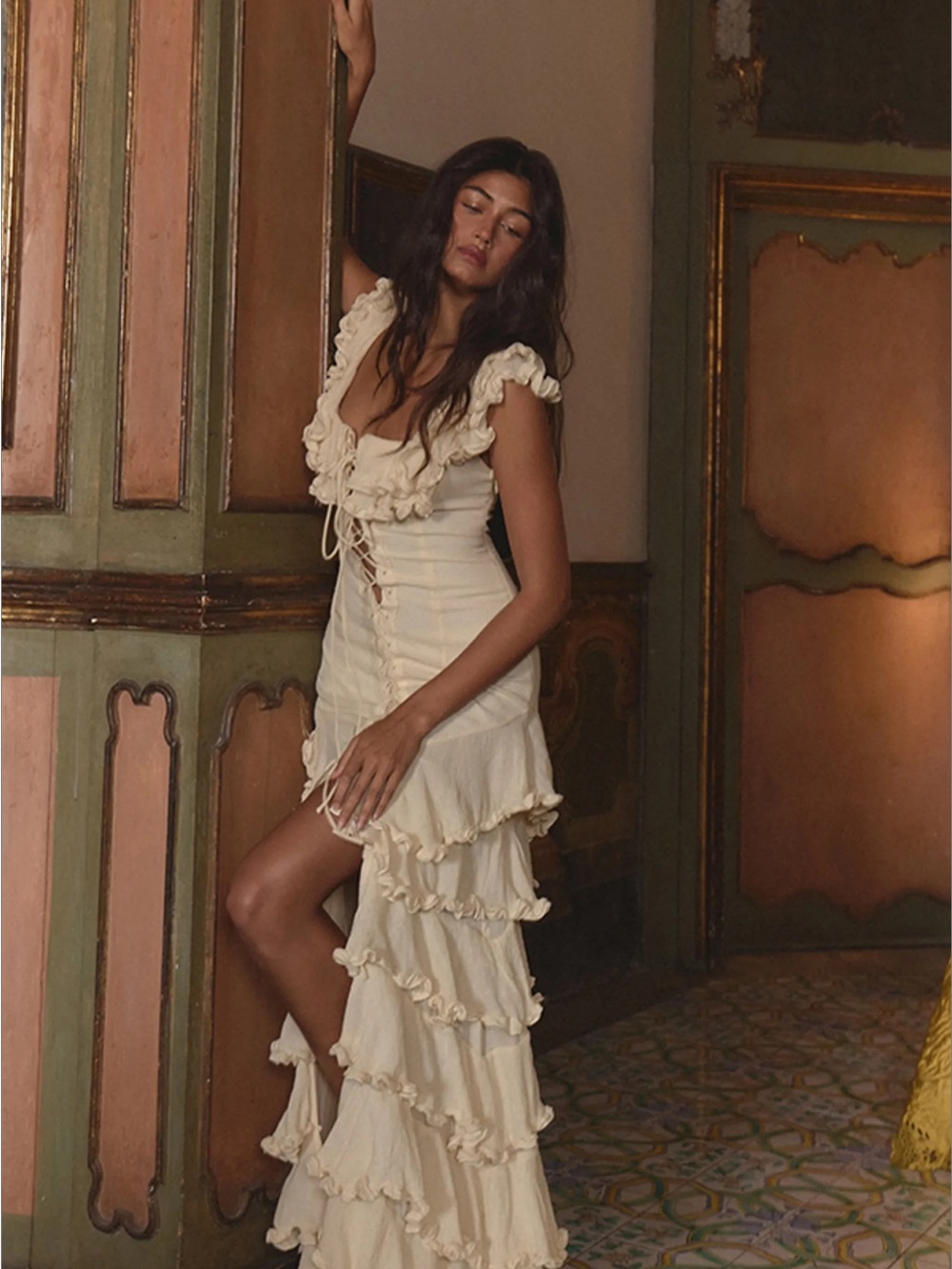 PLT LABEL chiffon frill lace up detail maxi dress - Picture 3 of 6